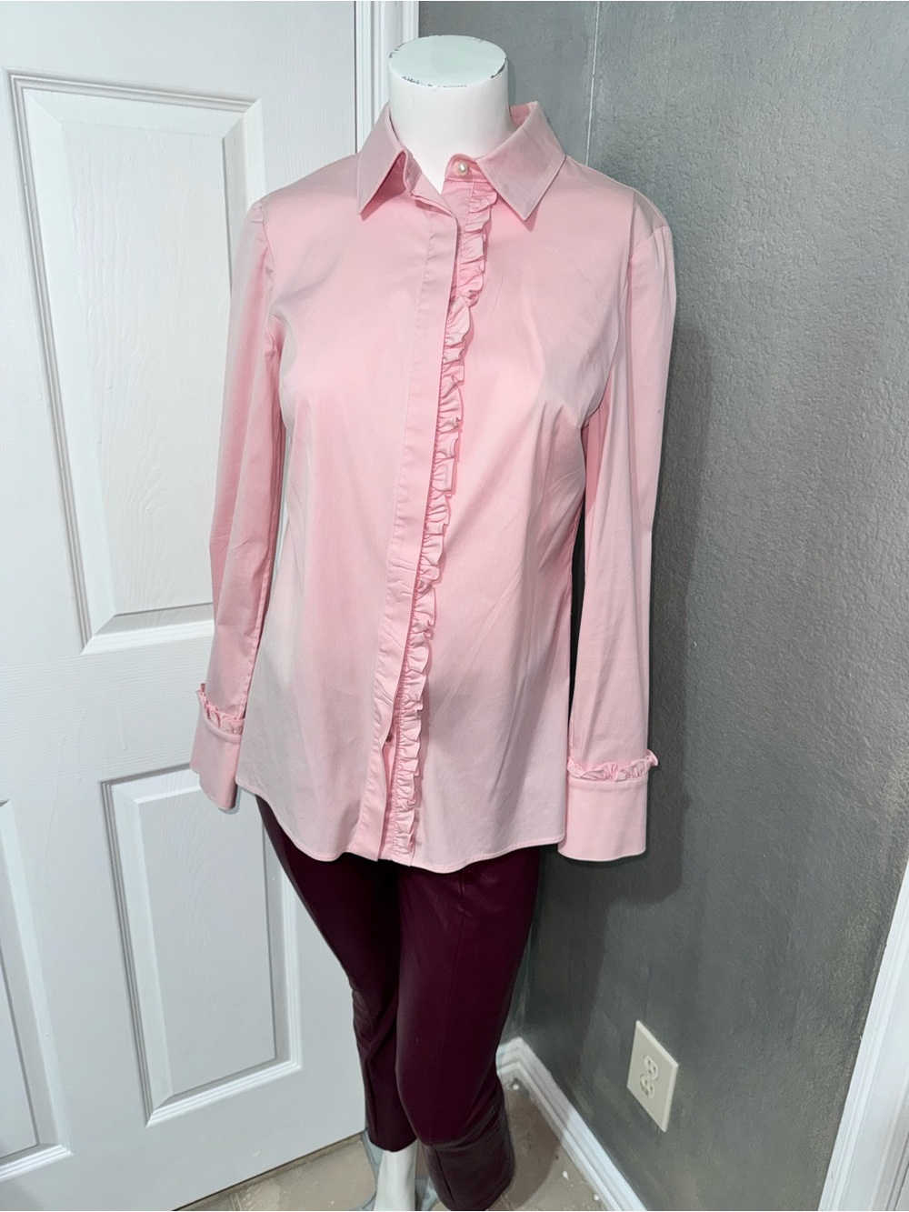 Classic Pink Ruffle-Trim Long Sleeve Shirt 
PEARL BY LELA ROSE